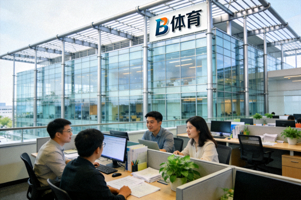 B体育公司总部大楼外观及团队协作办公环境展示