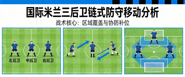 国际米兰防守体系分析图示 - 展示三后卫链式防守移动