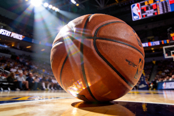 NBA季后赛东西部决赛篮球特写镜头与赛场灯光