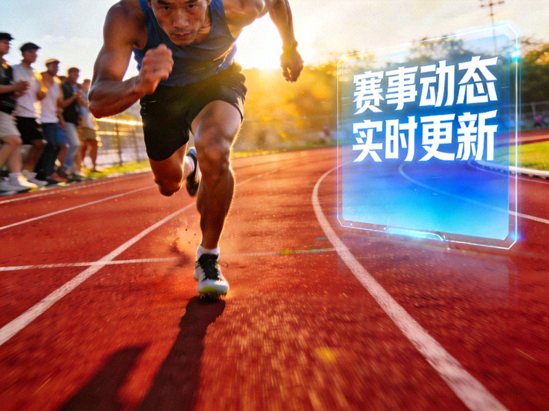 运动员在塑胶跑道上全力冲刺的比赛画面，象征赛事动态实时更新